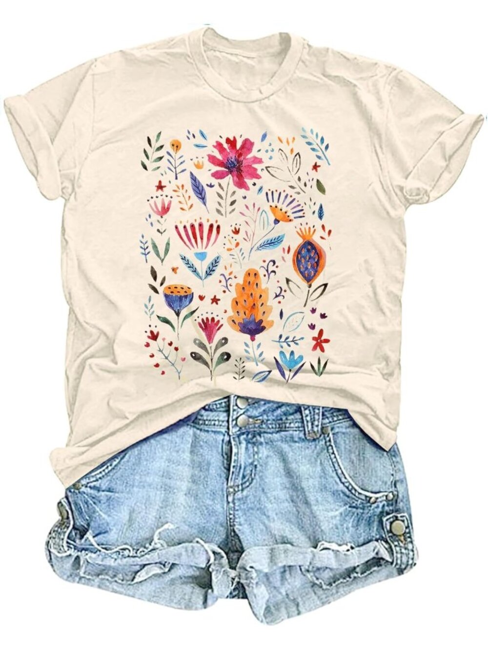 Women's Apricot Short Sleeve Imported Wildflower Floral Casual Tops T Shirt